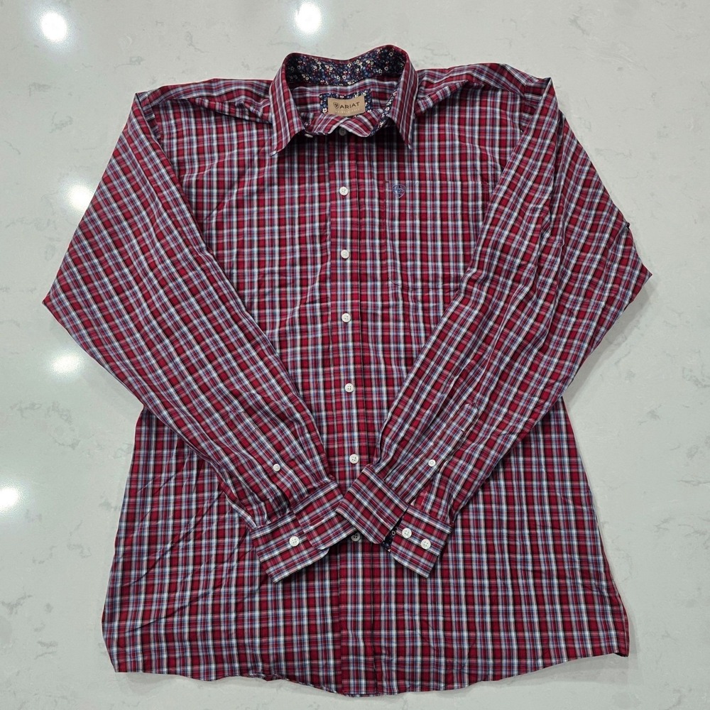 Ariat Men's L-Tall Plaid Button Down Shirt Red Blue Wrinkle Free Cotton Western